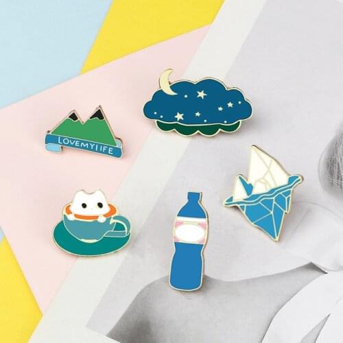 Blue Pins Cat Coffee Cup Mountain Water Bottle Glacier Cloud Travel Brooch for Kids Denim Lapel Enamel Pin Badge Cartoon Jewelry