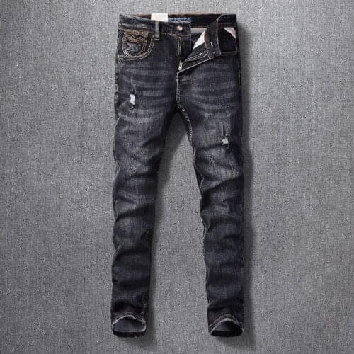 Italian Style Fashion Men Jeans Retro Black Gray Elastic Slim Fit Ripped Jeans Men Vintage Designer Casual Cotton Denim Pants