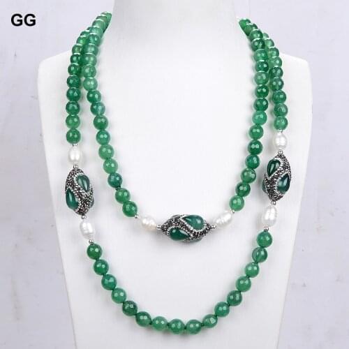 GuaiGuai Jewelry 48'' Green Agate Natural White Rice Pearl Necklace For Women Lady Gift
