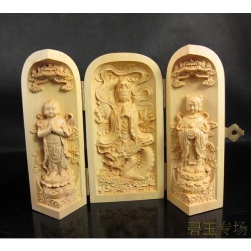 Exquisite Chinese Wood Shakyamuni Amitabha Buddha Kwan-Yin Guan Yin Buddha Statue Amulet Auspicious Box