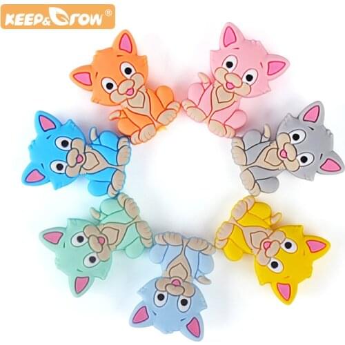 Keep&Grow 10pcs Cat Teether Silicone beads Rodent DIY Baby Kitten Animal Cartoon Chewing Pacifier Chain Jewelry Toy Accessories