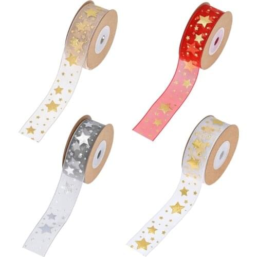 L5YA Tulle Ribbon Gilding Stars for Christmas Wedding Decoration DIY Sewing Handmand Crafts Cake Ribbon Gift Wrapping