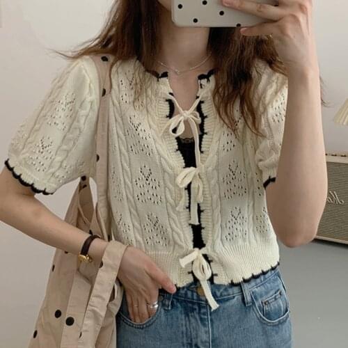 LJSXLS Summer Sweet Hollow Out Lace Up Thin Sweater Women Knitted Short Sleeve Sweater Blue Casual Tops Basic Womens Clothing