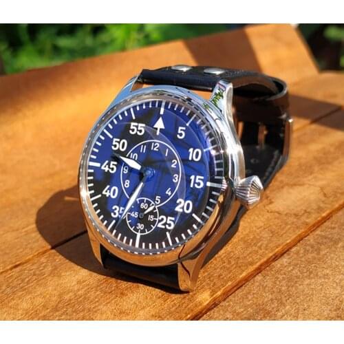 44mm No logo Black dial with Blue glass Asian 6498 Mechanical movement mens watch luminous Mechanical watches GR59-20