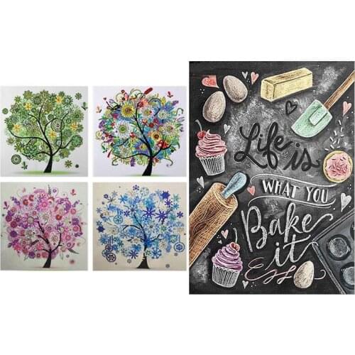 5 Set Full Round Drill 5D DIY Diamond Painting Embroidery Set Cross Stitch "Kitchen Cake" & Four Seasons Tree