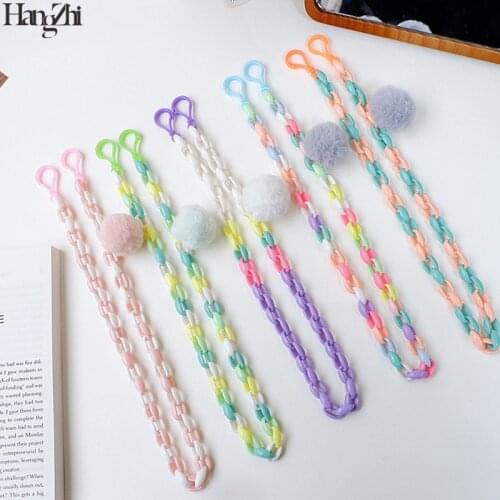 HangZhi New Candy Color Resin Acrylic Link Chain Cute Fluffy Pompon Pendant Mask Chain for Women Girls Kids Spectacles Holder