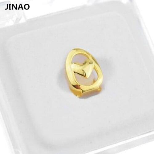 JINAO New Fit Open Face Heart Shaped Grillz Cap Gold Tone Hip Hop Hollow Single Tooth Grill Teeth Gills
