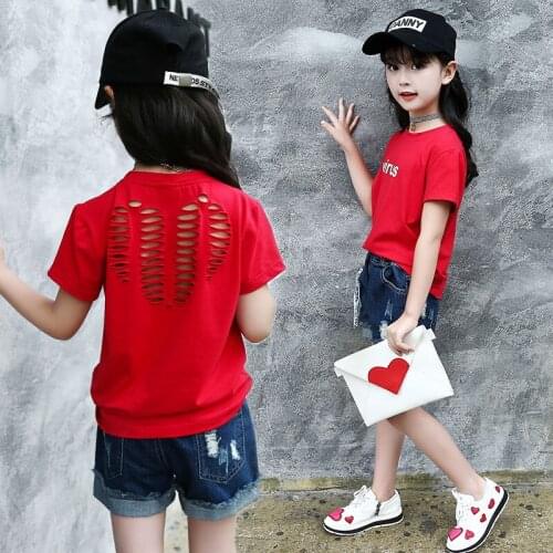 Summer New Girl Letters Cuhk Girls Easing Back Hollow Out Love Round Collar T-shirt with Short Sleeves
