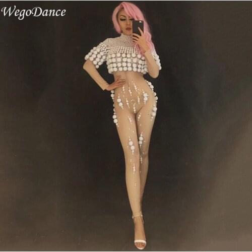 New sexy fashion white ball rhinestone jumpsuit nightclub bar singer DJ sexy costume women freeshipping