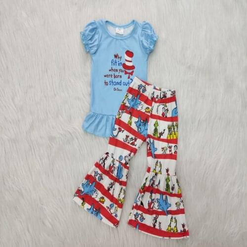 Wholesale/retail cartoon outfit baby girls blue tops+flare cute pants 2 pcs set kids boutique childrens clothing suit