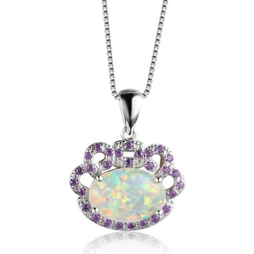 White Fire Opal Oval Stone Pendant Necklaces For Women Geometric Jewelry Vintage Fashion Purple/Orange Zircon Wedding Necklace