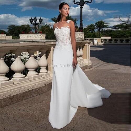 Chiffon Beach Mermaid Wedding Dress Lace Sleeveless Appliques O Neck Bridal Wedding Gown Illusion Vestido De Noiva Court Train
