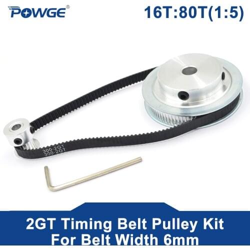 POWGE 2M/2GT 16Teeth 80Teeth Synchronous Timing Pulley bore 5-20mm Set 16T:80T 1:5 Speed Ratio for 300-2GT Belt width 6mm Kit