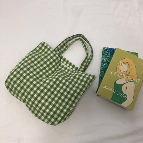 Portable Plaid Cotton Bag Lunch Bag Korean Style Kids Cute Lunch Pouch Women Simple Small Tote Bags Picnic Food Storage Handbag