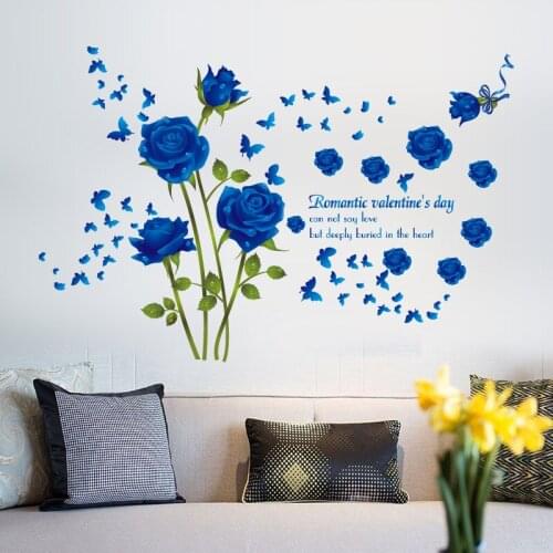 Vintage Large Blue Rose Flowers Wall Sticker Sofa/TV Background Home Decoration DIY Bedroom Living Room Mural Art Decals Poster