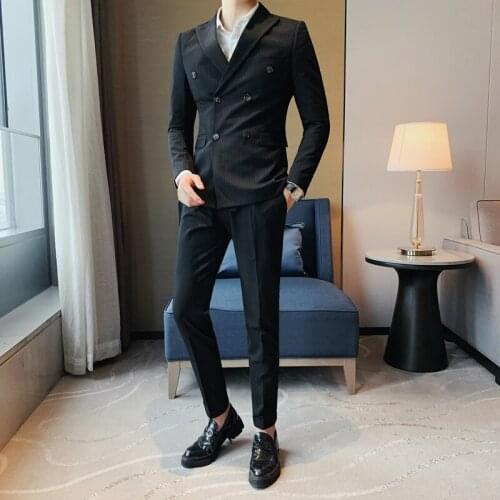 High Quality Double Breasted Pinstripe Suit Men Clothes 2020 All Match Slim Fit Casual Business Formal Wear/Wedding Dress 3XL-M
