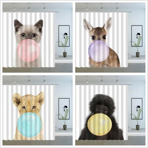 Funny Animal Shower Curtain Cute Animals Blowing Balloons Funny Creativity Bathroom Decor Waterproof Polyester Cloth Curtain Set