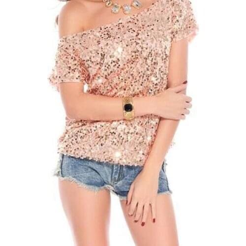 New Summer Style Women Sequins T Shirt Tees Fashion Loose Bling Beads Tops Sexy Off The Shoulder T-shirt Camisetas Mujer AB298