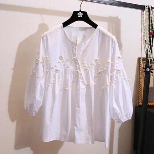 Small fragrant wind open collar womens clothing loose bead womens long-sleeved white shirt high waist doll shirt