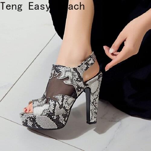 Women High Heel Sandals Summer Fashion Open Toe Hollow Lace Thick heel Sandals Black Sexy Ladies Pumps Party Wedding Shoes