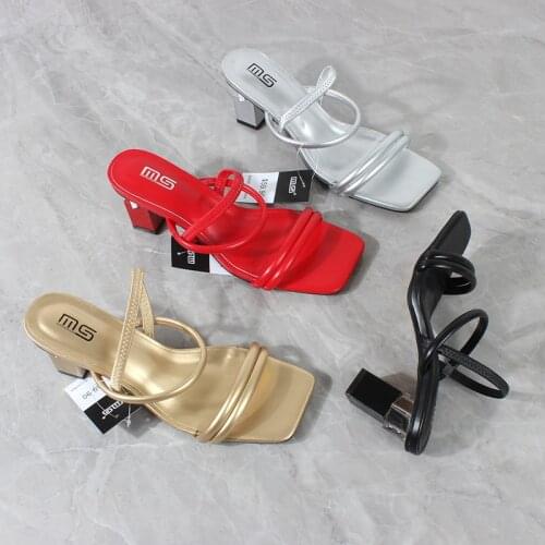 Womens Sandals 2021 Summer New PU Material Square Toe Open Toe High Heels Fashion Square Heels Back Strike Womens Sandals 7CM