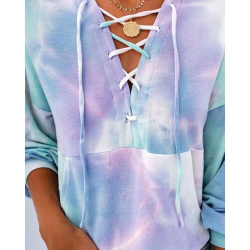 Tie-dye print woman hoodies sexy lace up sweatshirt casual crop top autumn long sleeved pullover top with big pocket moletom