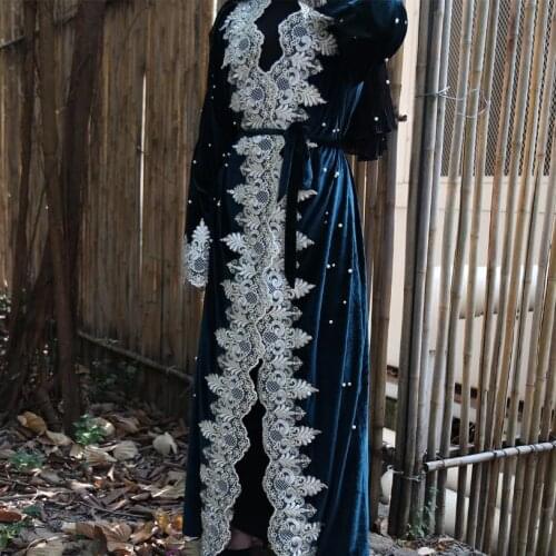 Oversized Fashion Lace embroidery muslim abaya female full length prayer diamond beading islamic cardigan robes belt 4XL