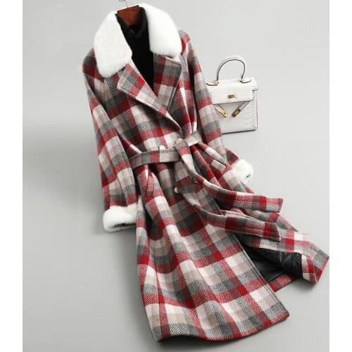 Hstar Winter New Arrival Women Warm Wool Plaid Belted Blends Outwear Female Korean Slim Office Long Woolen Coat veste longue