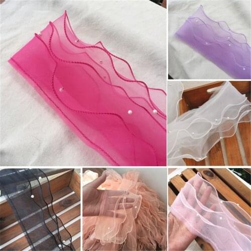 1 Yard Organza Pleats Ruffle Lace Trim Pearl Beaded Ribbon Fabric Sewing Wedding