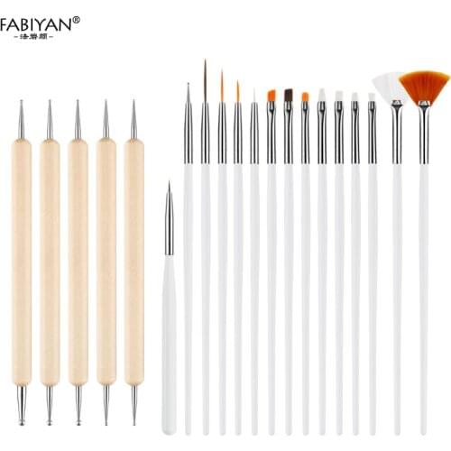 15Pcs Design Painting Drawing Brush + 5pcs 2 Way Marbleizing Dotting Pen Acrylic Gel UV Tools Set Kit Nail Art Makeup Manicure