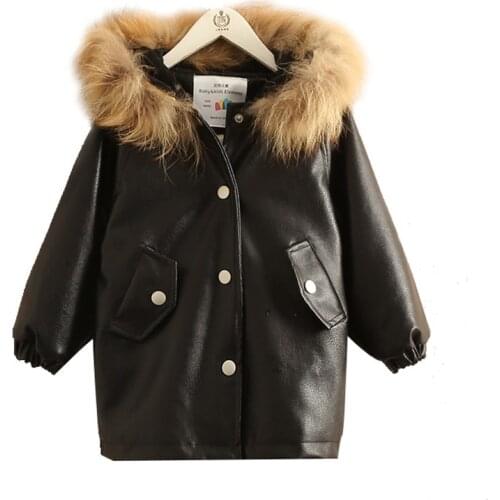 2018 Winter Warm Fashion 3-8 10 12 Years Teenage Faux Leather Fur Plus Velet Thickening Kids Baby Girls Hooded Long Outdoor Coat