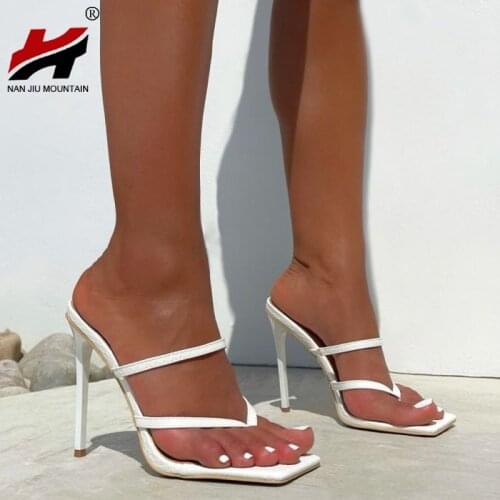2021 Summer Women Sandals High Heels Flip-Flop Sandals Solid Color Simple Women Shoes Square Toe Shoes Plus Size 42