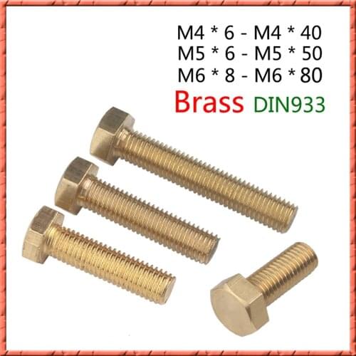 50pcs/lot DIN933 Brass hex head bolts M4 M5 M6 *L Outer hexagonal screw Copper hexagonal bolt M4/5/6*6/8/10/12-50/55/60/70/80