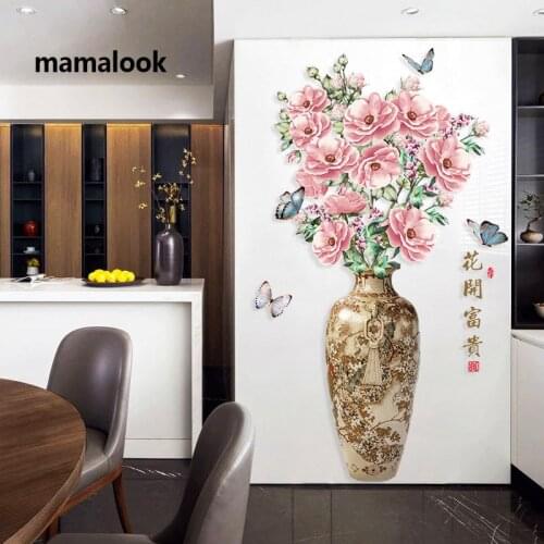 Chinese style flowers blooming wealthy Chinese style vase porch corridor self-adhesive decorative painting stickers wall sticker