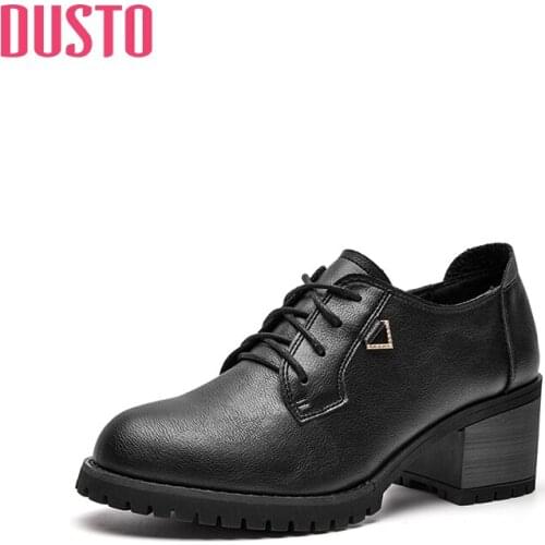 DUSTO 2021 new spring and autumn Korean fashion high heel thick heel round head lace up Rhinestone black small leather shoes wom