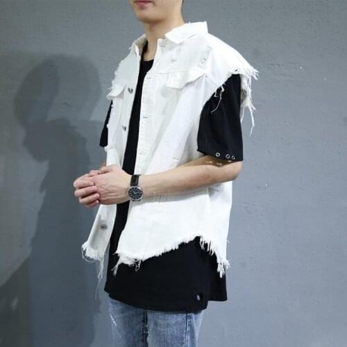 Personalized Hip Hop Loose Men Denim Vest White Ripped Hole Sleeveless Jacket for Male Casual Turn-down Collar Button Waistcoat