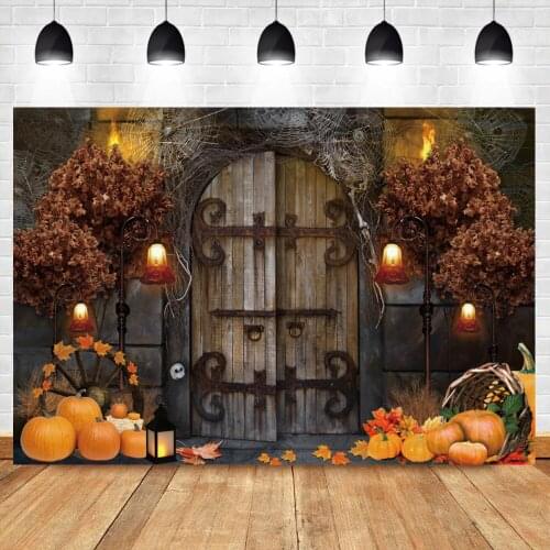 Autumn Halloween Background For Photography Bumper Harvest Pumpkins Maple Leaves Vintage Castle Door Scene photography Backdrop
