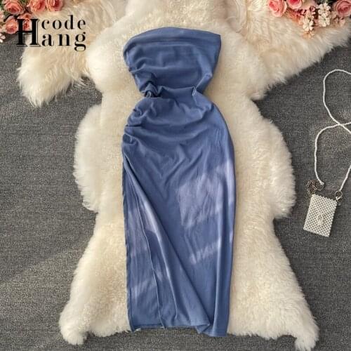 HangCode Sexy High Split Off Shoulder Women Dress 2021 Summer Sleeveless Ruched Bodycon Dress Party Ladies Dresses