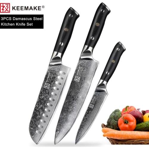 KEEMAKE 3PCS Kitchen Knife Set Santoku Chef Utility Knife Japanese VG10 Damascus Steel Razor Sharp Cooking Knives G10 Handle