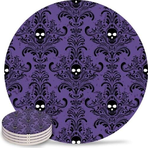 Halloween Skull Pattern Retro Purple Round Coaster Coffee Table Mats Kitchen Accessories Absorbent Ceramic Coasters