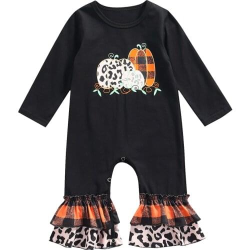 0-24M Newborn Baby Girl Long Sleeve Pumpkin Print Flared Romper Jumpsuit Outfits Halloween Clothes