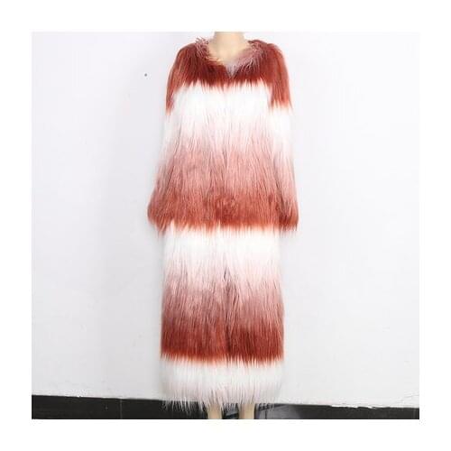 Top brand Fashion Gradient Women Color Long Fur Coat N71 high quality