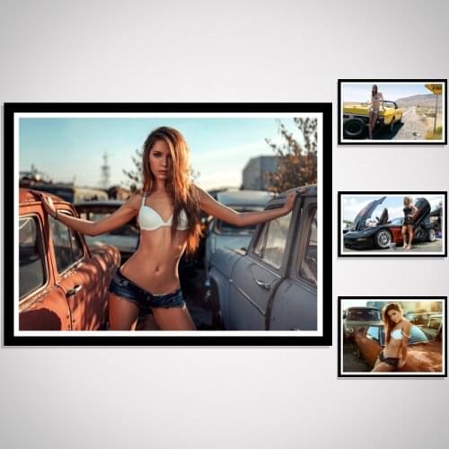 Sexy Girl model Lady Artwork Landscape Retro Cars Classical Poster Room Art Silk Wall Stike home canvas