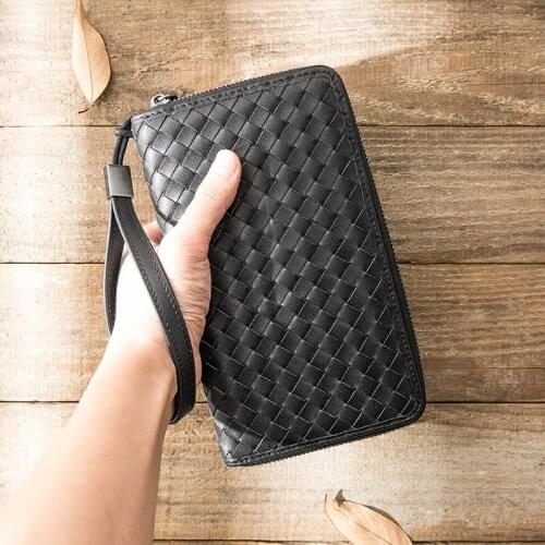 New Genuine Leather Mens Retro Hand-knit Wallet Card Holder Long Zipper Clutch Bag Casual Leather Clutch Bag Female Tide Purse