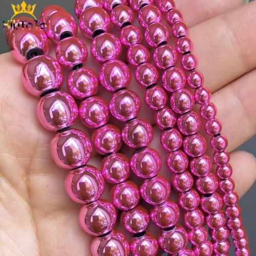 Natural Stone Fuchsia Plated Hematite Round Loose Beads For Jewelry DIY Making Bracelet Accessories 15'' Pick Size 3 4 6 8 10mm
