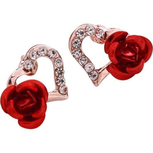 New Fashion Gold Color Rhinestones Earrings For Women Heart-shaped Red Rose Flower Earrings Valentines Day Gift