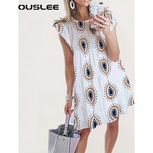 OUSLEE New Bohemian Style O Neck Printed Dress Women Ruffles Sleeves A Line Dresses Casual Beach Party Mini Dress Vestidos Mujer