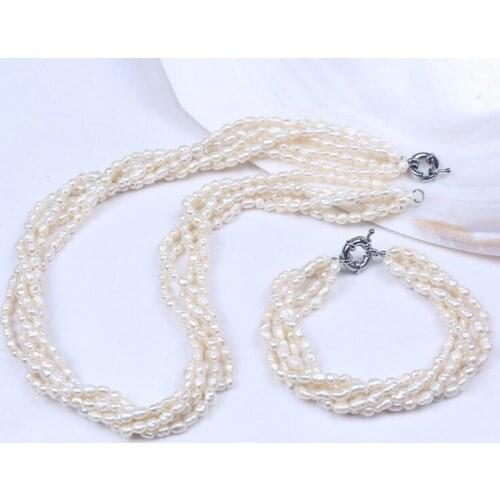 5Row Natural 4-5mm Freshwater Rice Oval Pearl Bracelet Necklace Jewelry Set