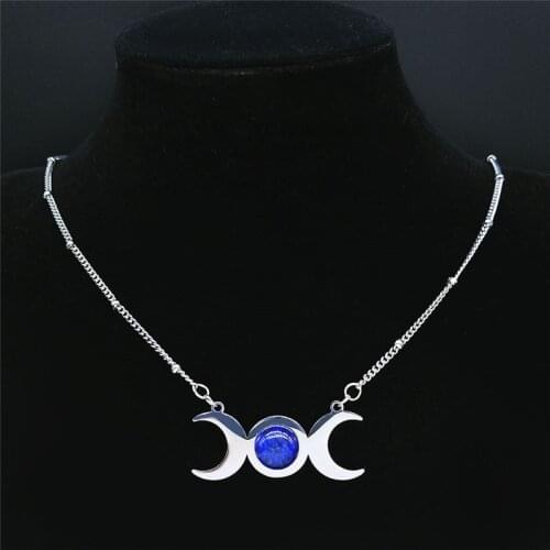 Witchcraft Sun and Moon Stainless Steel Blue Stone Charm Necklace Men/Women Silver Color Chain Necklaces Jewelry acero NZ2259S02