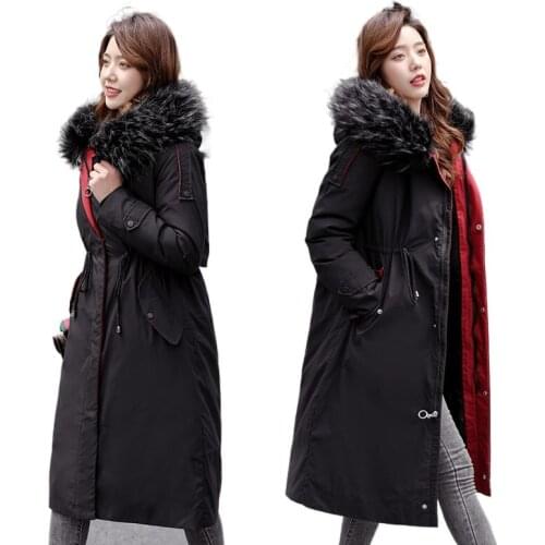 2021 Winter Large Size Detachable Parka Coat Waist Drawstring Long Thick Cotton Padded Outwear Hooded Fur Collar Jacket Female